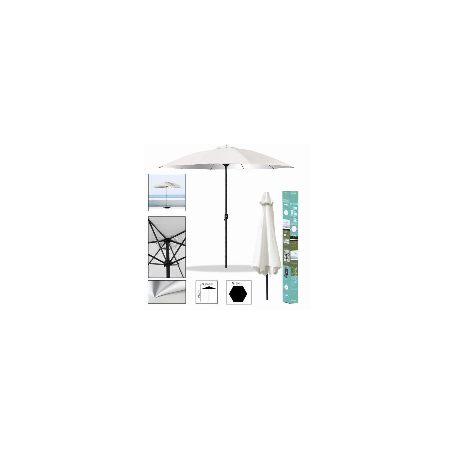 PARAPLUIE IVOIRE + INTÉRIEUR ARGENT Diam 2X3 m