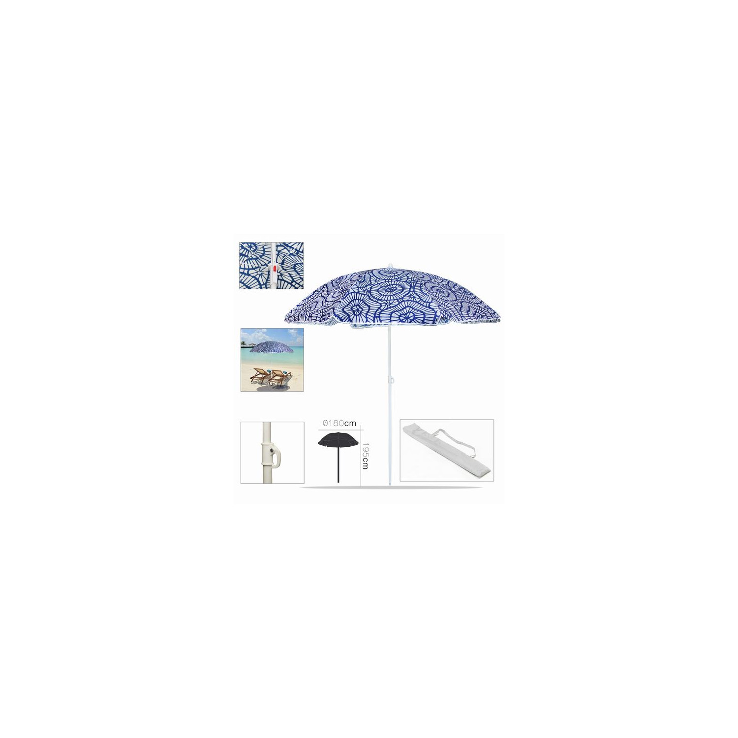 PARASOL DE PLAGE VAGUES UV Diam 180 x 195 cm